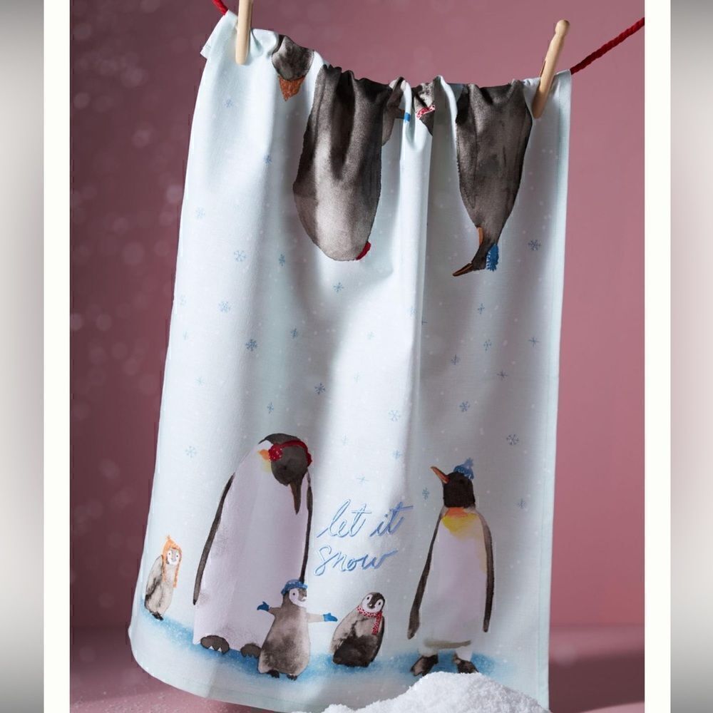 NWT ANTHROPOLOGIE Let It Snow Penguin Dish Towel Sky